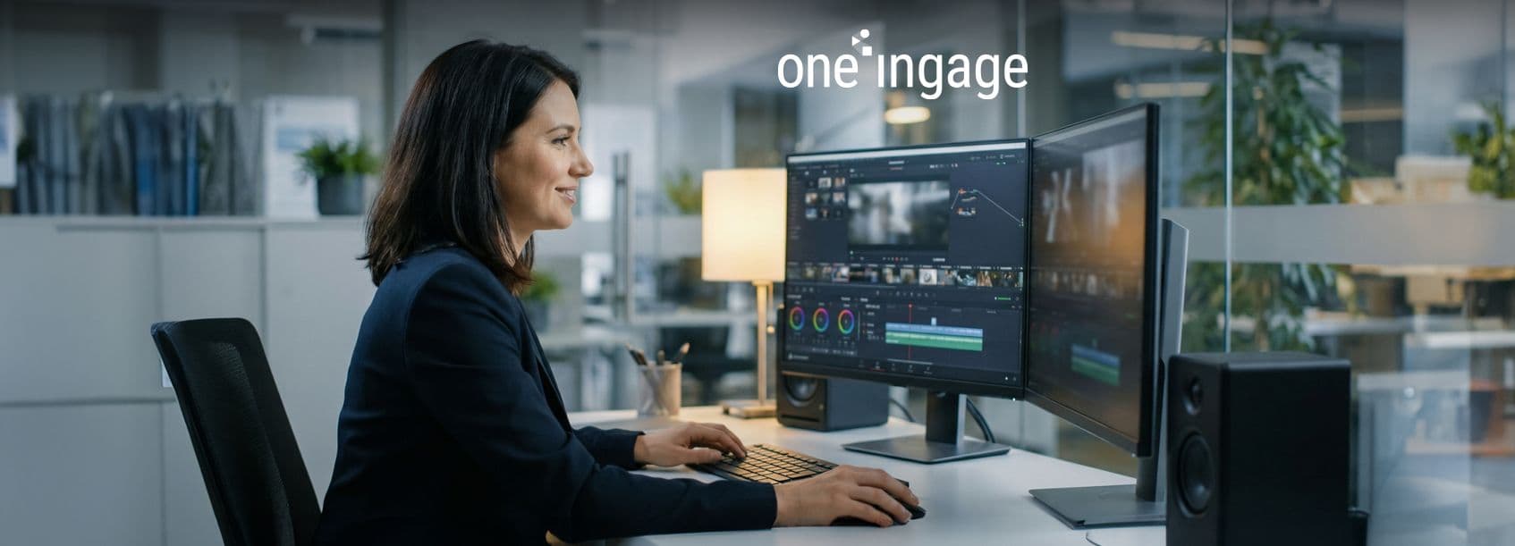 The image shows a camera crew recording a company spokesperson during a corporate video session.