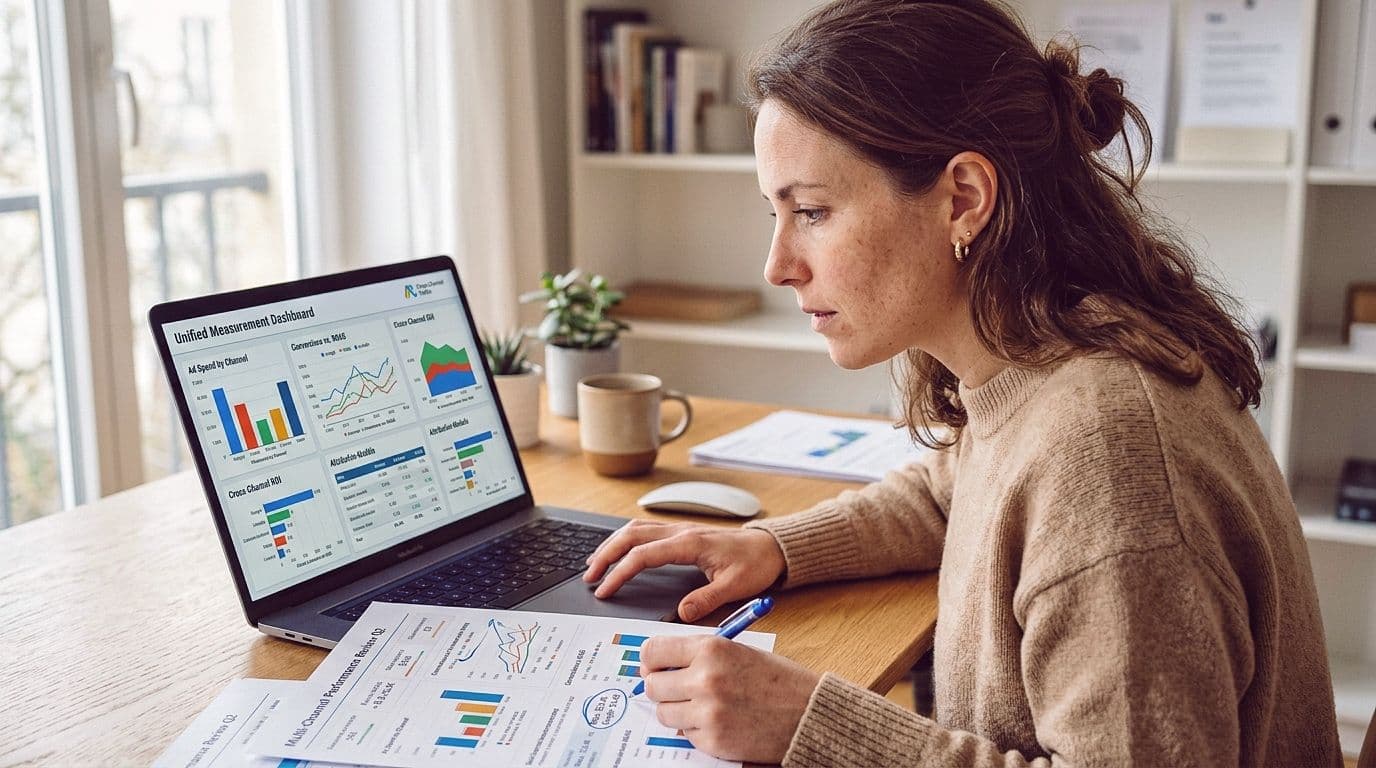 Business stakeholders discuss insights from a large screen showing standardized metrics across platforms.